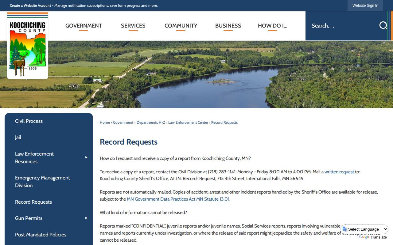 Koochiching County released inmate record request directions
